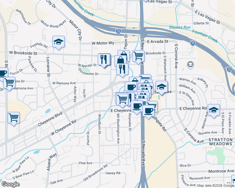 map of restaurants, bars, coffee shops, grocery stores, and more near 1801 South Cascade Avenue in Colorado Springs