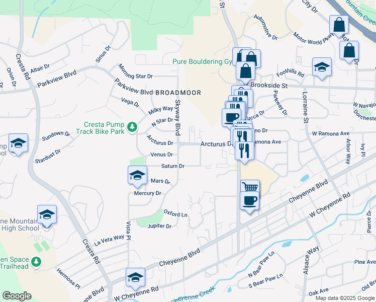 map of restaurants, bars, coffee shops, grocery stores, and more near 923 Skyway Boulevard in Colorado Springs