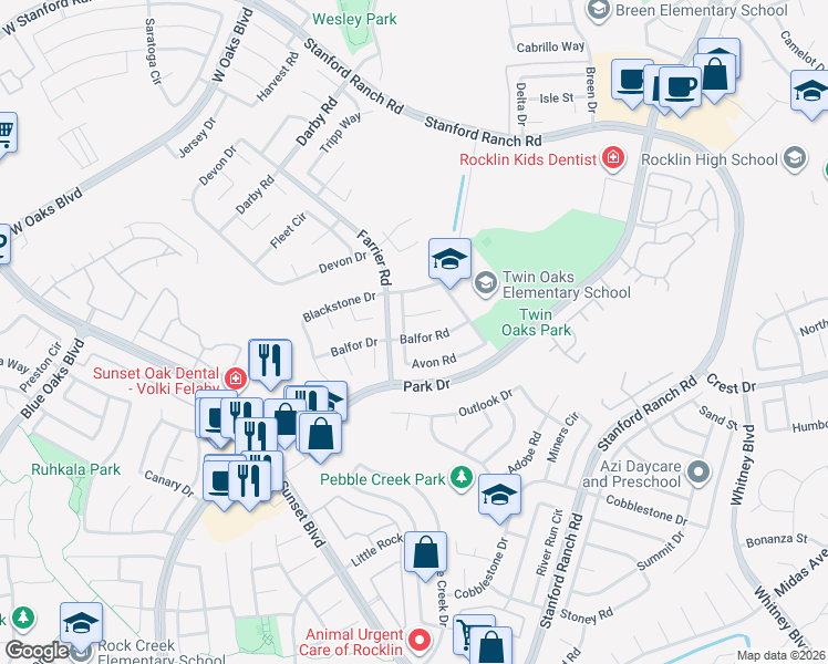 map of restaurants, bars, coffee shops, grocery stores, and more near 2916 Avon Road in Rocklin