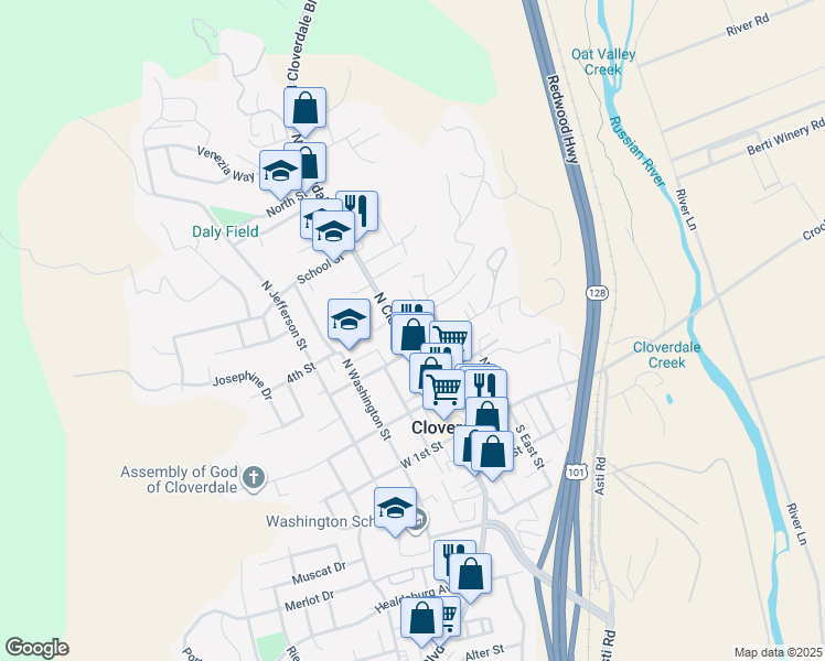 map of restaurants, bars, coffee shops, grocery stores, and more near 311 North Cloverdale Boulevard in Cloverdale