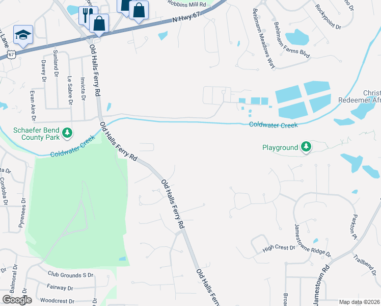 map of restaurants, bars, coffee shops, grocery stores, and more near 13630 Old Halls Ferry Road in Florissant