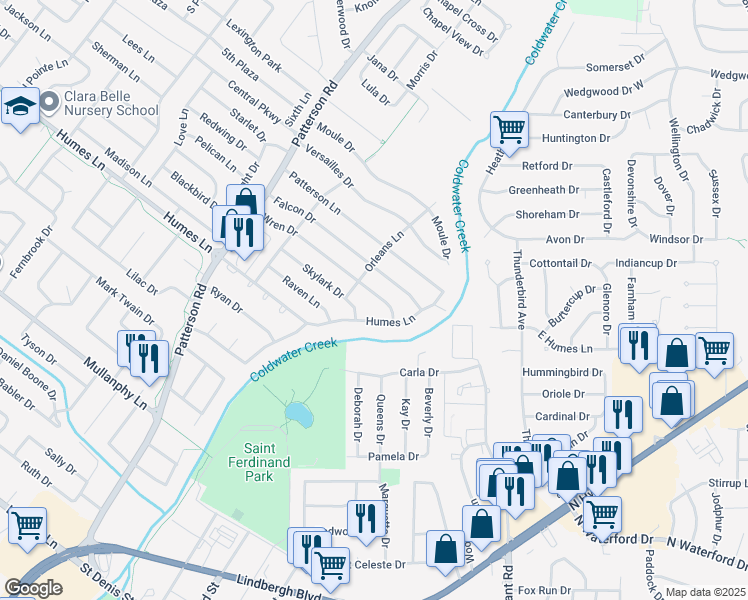 map of restaurants, bars, coffee shops, grocery stores, and more near 260 Wren Drive in Florissant
