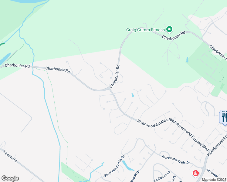 map of restaurants, bars, coffee shops, grocery stores, and more near 125 Riverwood Estates Boulevard in Florissant