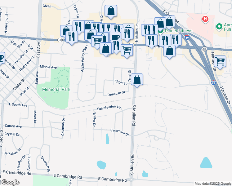 map of restaurants, bars, coffee shops, grocery stores, and more near 1201 Toulouse Street in Belton
