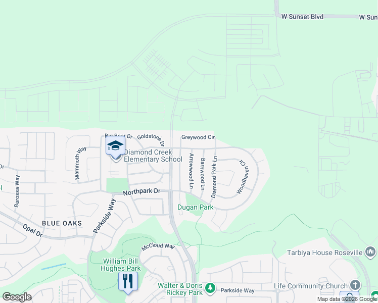 map of restaurants, bars, coffee shops, grocery stores, and more near 1513 Arrow Wood Lane in Roseville