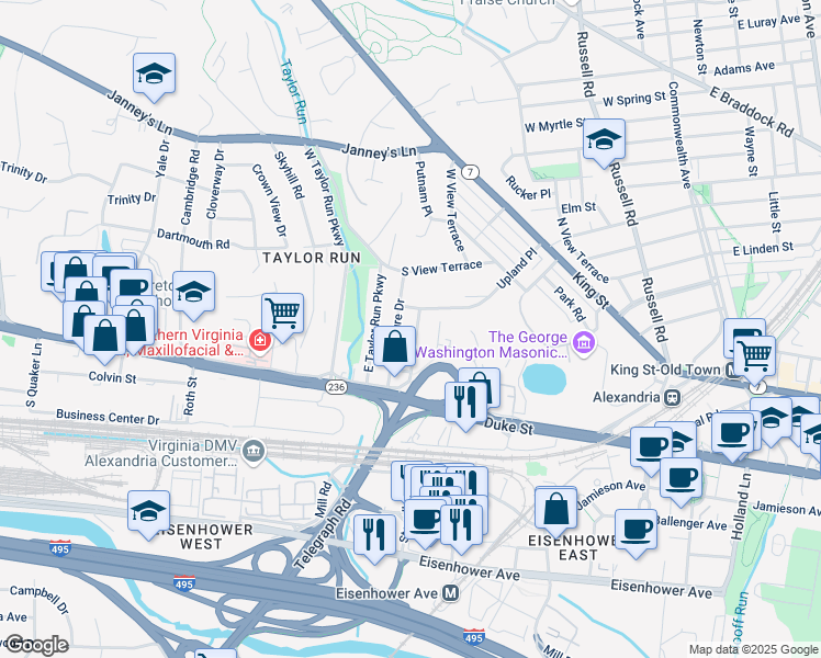 map of restaurants, bars, coffee shops, grocery stores, and more near 148 Hilton Street in Alexandria