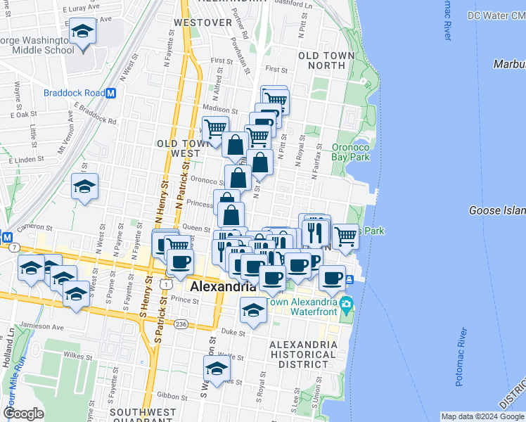 map of restaurants, bars, coffee shops, grocery stores, and more near 511 Princess Street in Alexandria