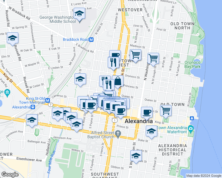 map of restaurants, bars, coffee shops, grocery stores, and more near 312 North Henry Street in Alexandria