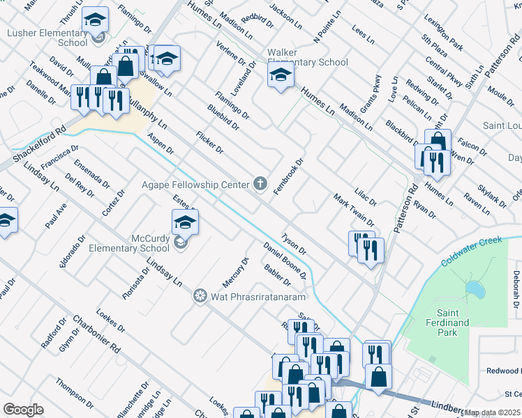 map of restaurants, bars, coffee shops, grocery stores, and more near 1006 Aspen Drive in Florissant