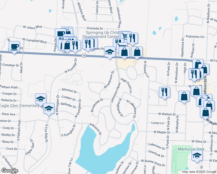 map of restaurants, bars, coffee shops, grocery stores, and more near 1003 Broadmoor Court in Raymore