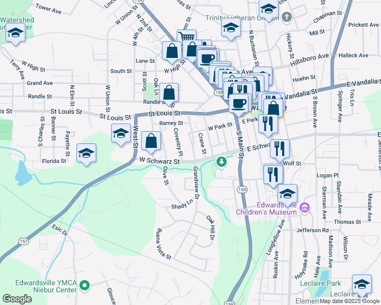 map of restaurants, bars, coffee shops, grocery stores, and more near 264 Coventry Place in Edwardsville