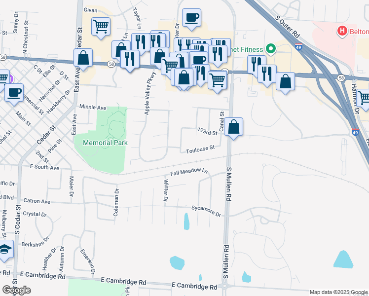 map of restaurants, bars, coffee shops, grocery stores, and more near 1016 Toulouse Street in Belton