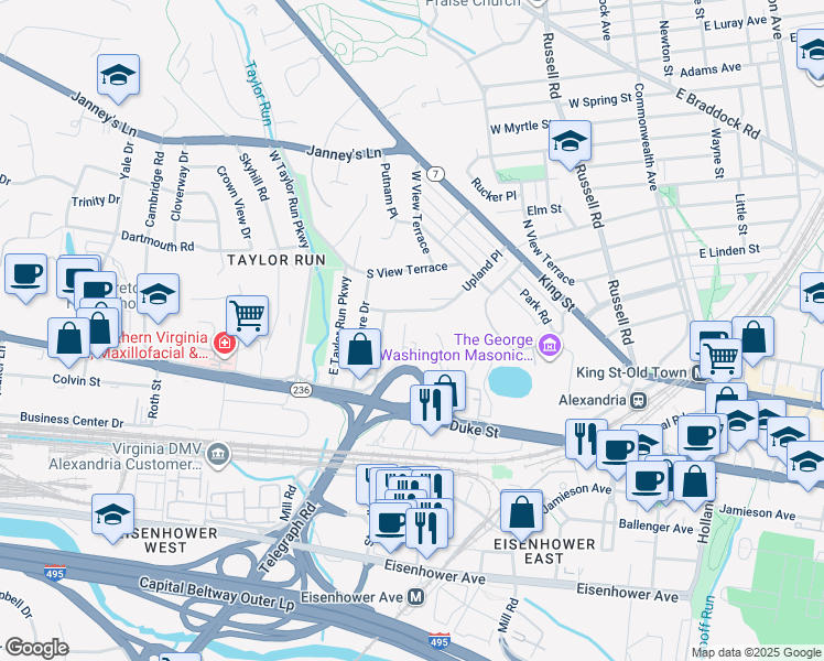 map of restaurants, bars, coffee shops, grocery stores, and more near 128 Roberts Lane in Alexandria