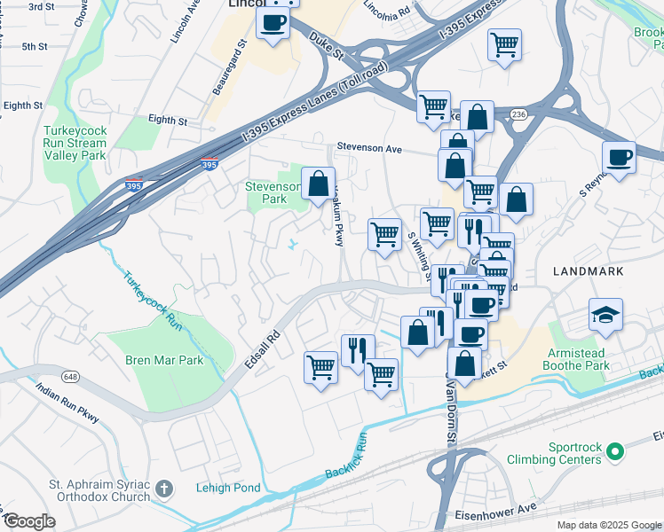 map of restaurants, bars, coffee shops, grocery stores, and more near 6137 Edsall Road in Alexandria