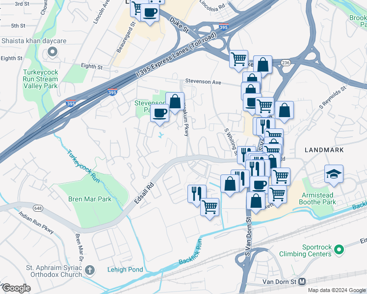 map of restaurants, bars, coffee shops, grocery stores, and more near 6137 Edsall Road in Alexandria