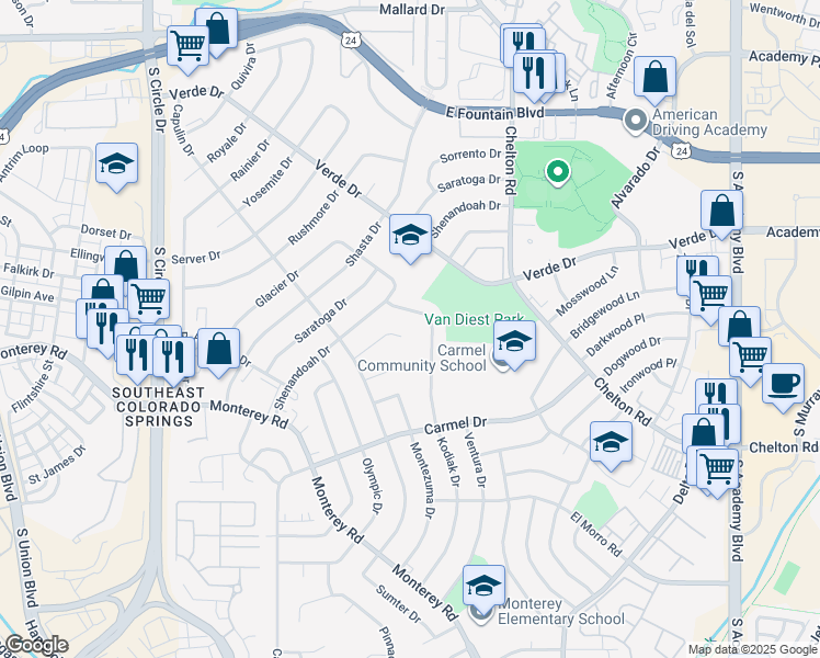 map of restaurants, bars, coffee shops, grocery stores, and more near 2937 Del Mar Circle in Colorado Springs