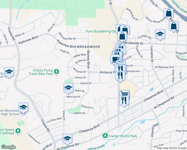 map of restaurants, bars, coffee shops, grocery stores, and more near 923 Skyway Boulevard in Colorado Springs