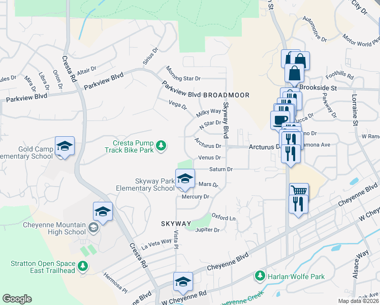 map of restaurants, bars, coffee shops, grocery stores, and more near 1017 Venus Drive in Colorado Springs