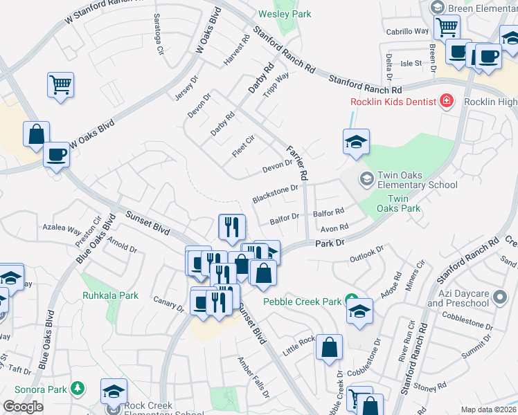 map of restaurants, bars, coffee shops, grocery stores, and more near 5820 Balfor Drive in Rocklin