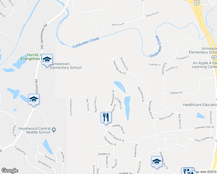 map of restaurants, bars, coffee shops, grocery stores, and more near 6461 White Cap Lane in Florissant