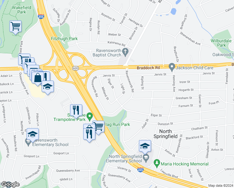 map of restaurants, bars, coffee shops, grocery stores, and more near 7708 Elgar Street in Springfield