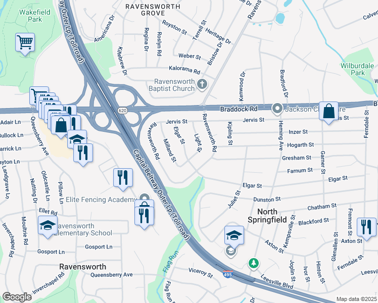 map of restaurants, bars, coffee shops, grocery stores, and more near 7708 Elgar Street in Springfield