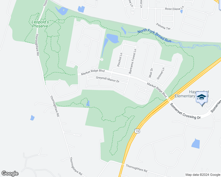 map of restaurants, bars, coffee shops, grocery stores, and more near 16043 Pitner Street in Haymarket