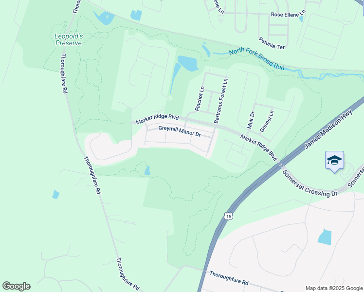 map of restaurants, bars, coffee shops, grocery stores, and more near 16047 Pitner Street in Haymarket
