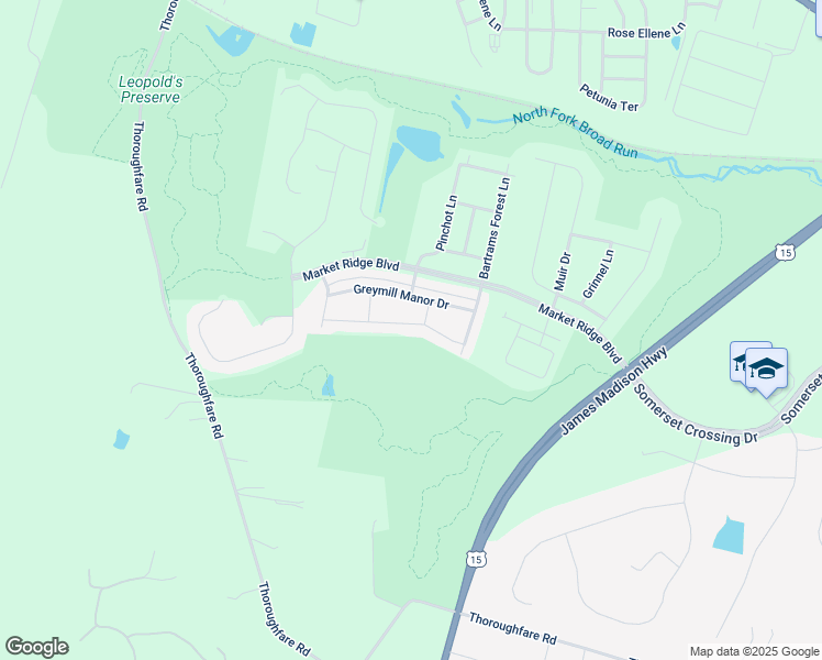 map of restaurants, bars, coffee shops, grocery stores, and more near 16043 Pitner Street in Haymarket