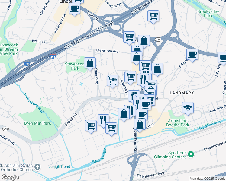 map of restaurants, bars, coffee shops, grocery stores, and more near 5911 Edsall Road in Alexandria