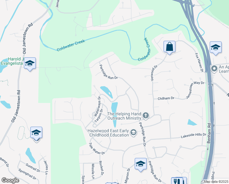 map of restaurants, bars, coffee shops, grocery stores, and more near 14 Waterways Court in Florissant