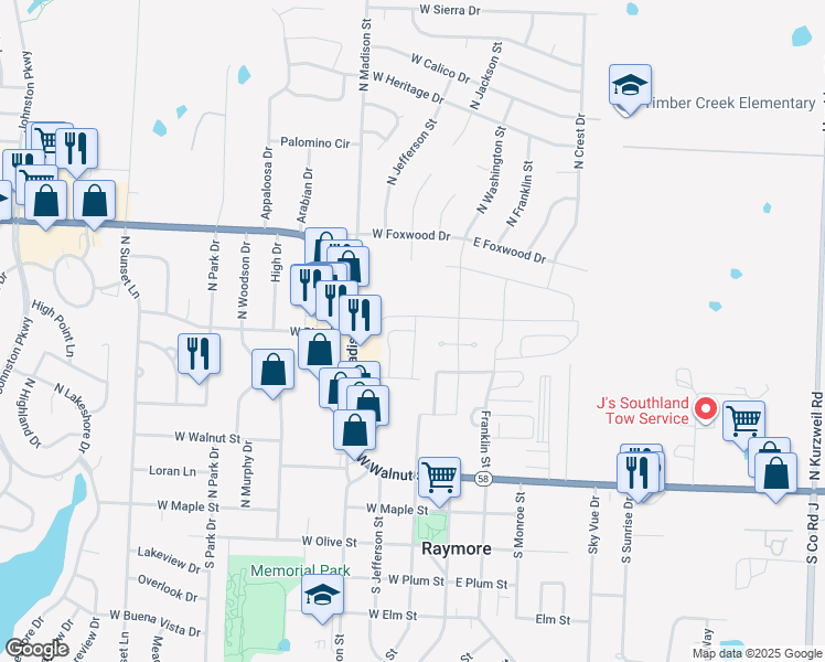 map of restaurants, bars, coffee shops, grocery stores, and more near 229 North Madison Street in Raymore
