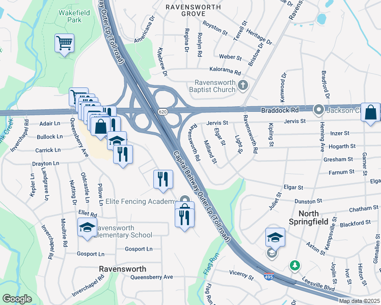 map of restaurants, bars, coffee shops, grocery stores, and more near 5338 Ravensworth Road in Springfield