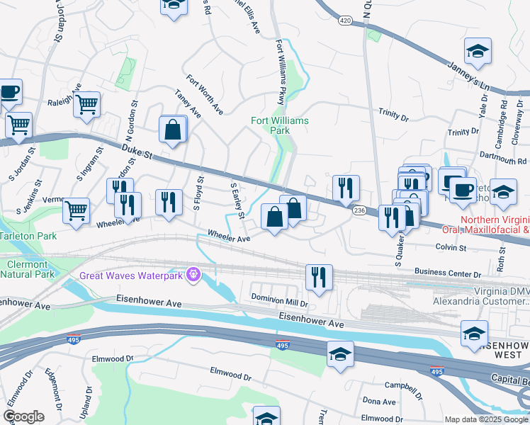 map of restaurants, bars, coffee shops, grocery stores, and more near 51 Cockrell Street in Alexandria