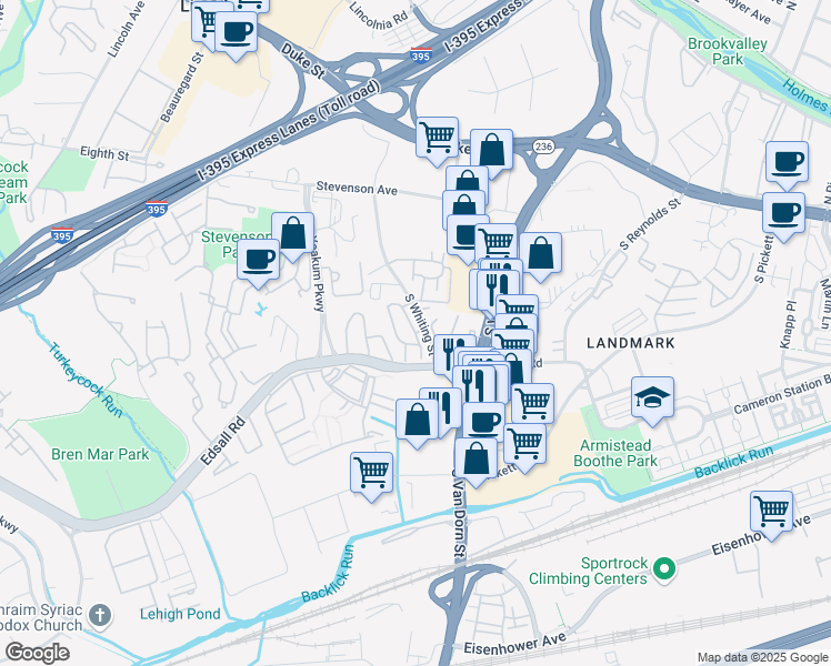 map of restaurants, bars, coffee shops, grocery stores, and more near Stanton Place in Alexandria