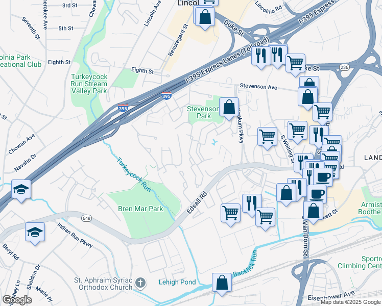 map of restaurants, bars, coffee shops, grocery stores, and more near 307 Yoakum Parkway in Alexandria