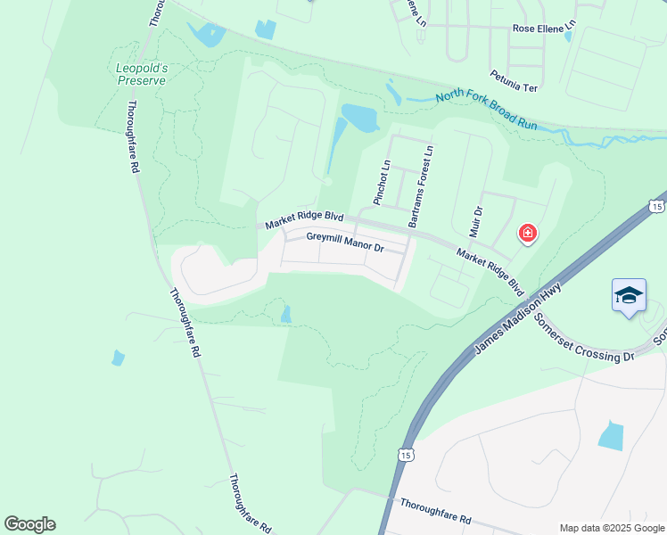map of restaurants, bars, coffee shops, grocery stores, and more near 16065 Pitner Street in Haymarket