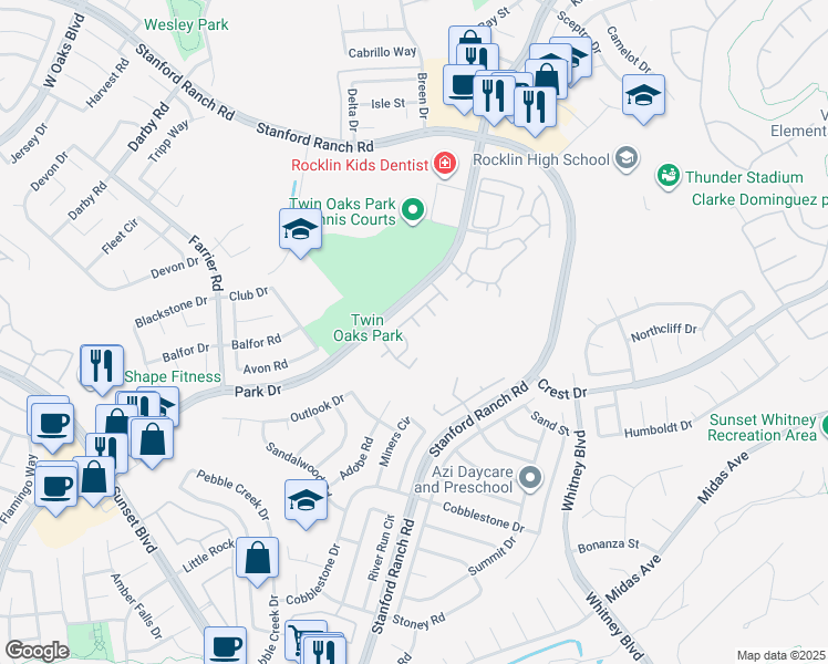 map of restaurants, bars, coffee shops, grocery stores, and more near 1406 Indiana Way in Rocklin