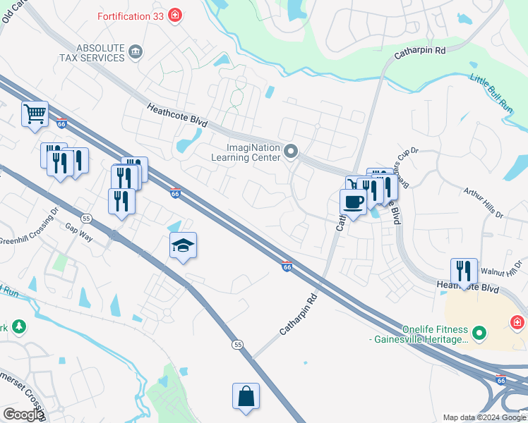 map of restaurants, bars, coffee shops, grocery stores, and more near 14231 Legend Glen Court in Gainesville