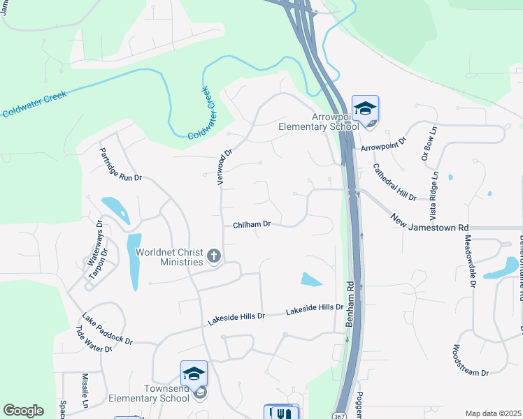 map of restaurants, bars, coffee shops, grocery stores, and more near 6818 Coachlight Square Court in Florissant