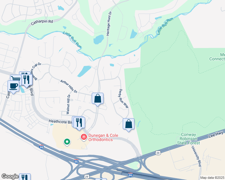 map of restaurants, bars, coffee shops, grocery stores, and more near 6821 Saddle Run Way in Gainesville