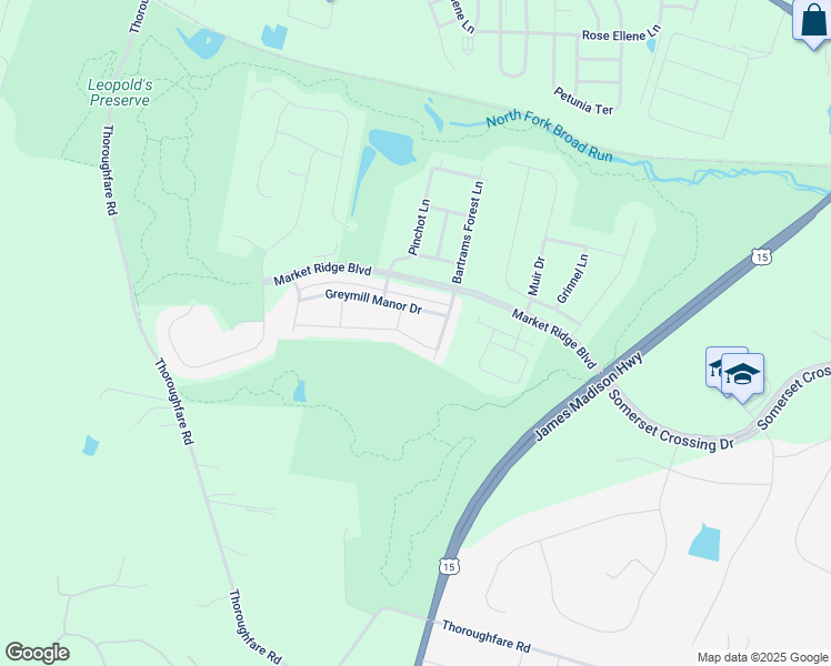 map of restaurants, bars, coffee shops, grocery stores, and more near 16020 Pitner Street in Haymarket