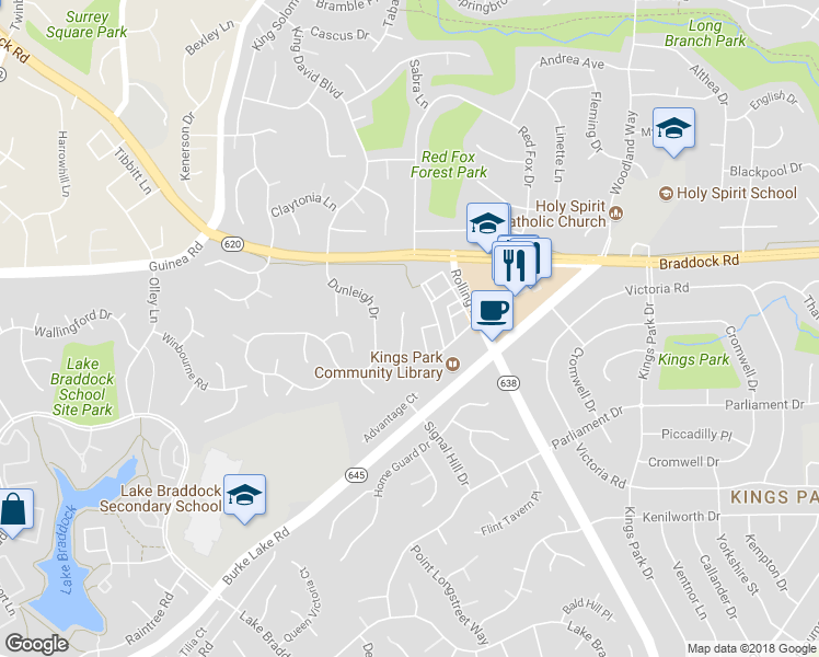 map of restaurants, bars, coffee shops, grocery stores, and more near 5207 Dunleigh Glen Lane in Burke