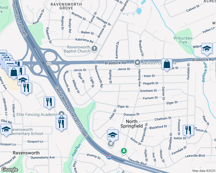 map of restaurants, bars, coffee shops, grocery stores, and more near 7611 Hogarth Street in Springfield
