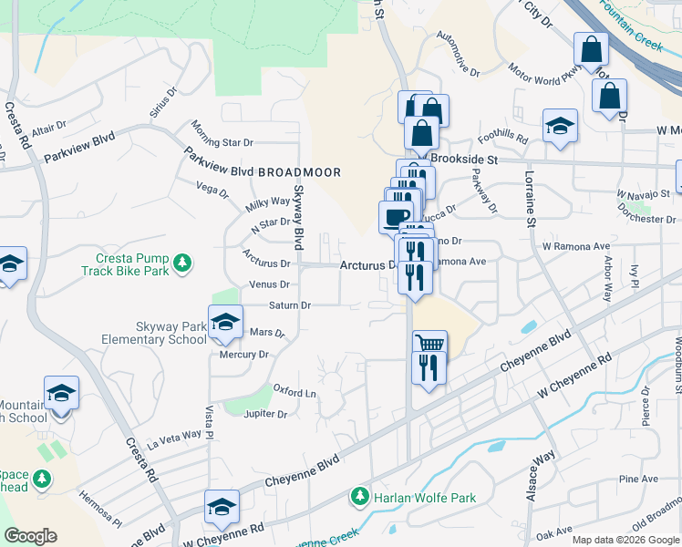 map of restaurants, bars, coffee shops, grocery stores, and more near 921 Green Star Drive in Colorado Springs