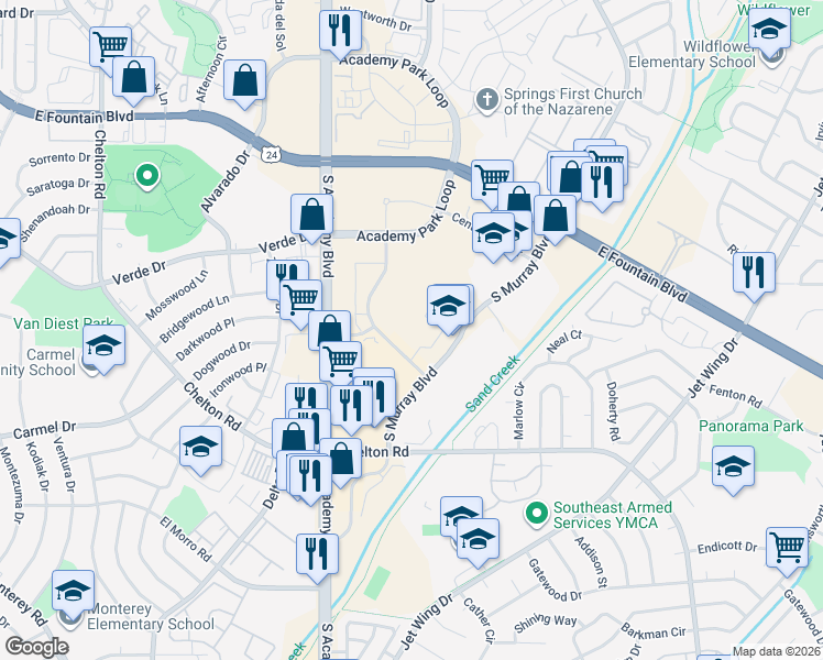 map of restaurants, bars, coffee shops, grocery stores, and more near Pulsar Dr in Colorado Springs