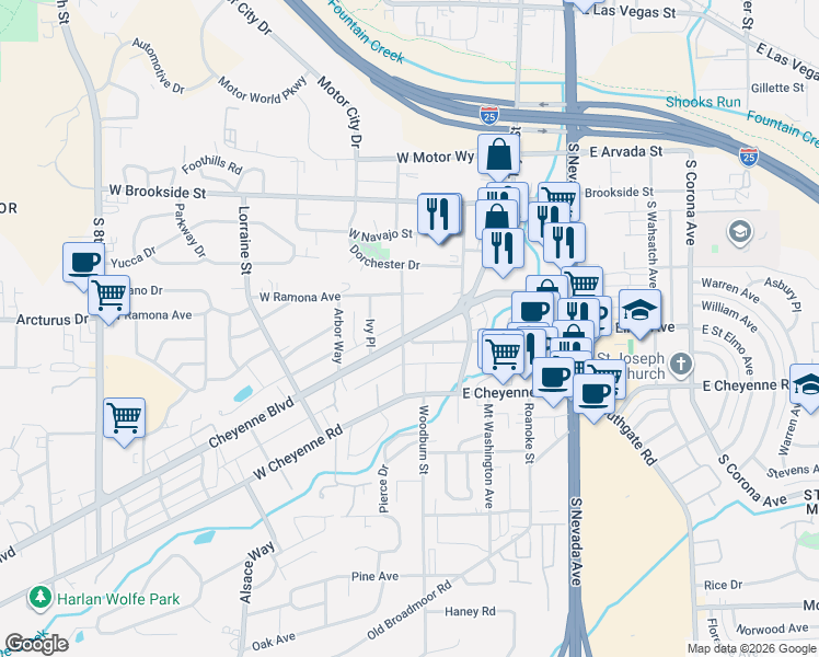 map of restaurants, bars, coffee shops, grocery stores, and more near 103 Cheyenne Boulevard in Colorado Springs