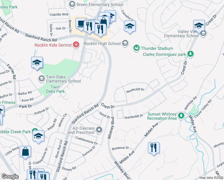 map of restaurants, bars, coffee shops, grocery stores, and more near 5424 Thunder Ridge Circle in Rocklin