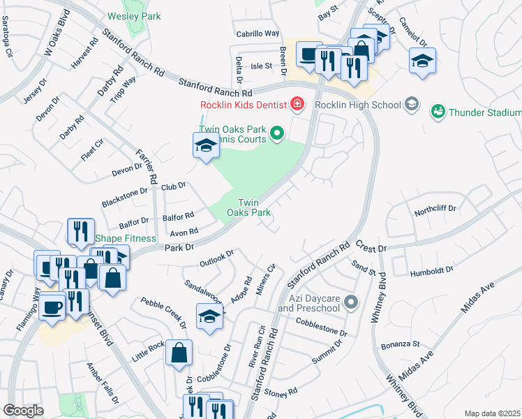 map of restaurants, bars, coffee shops, grocery stores, and more near 1009 Boardwalk Way in Rocklin