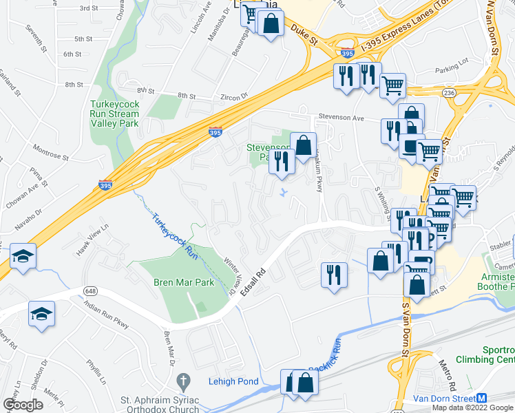 map of restaurants, bars, coffee shops, grocery stores, and more near 6261 Split Creek Lane in Alexandria